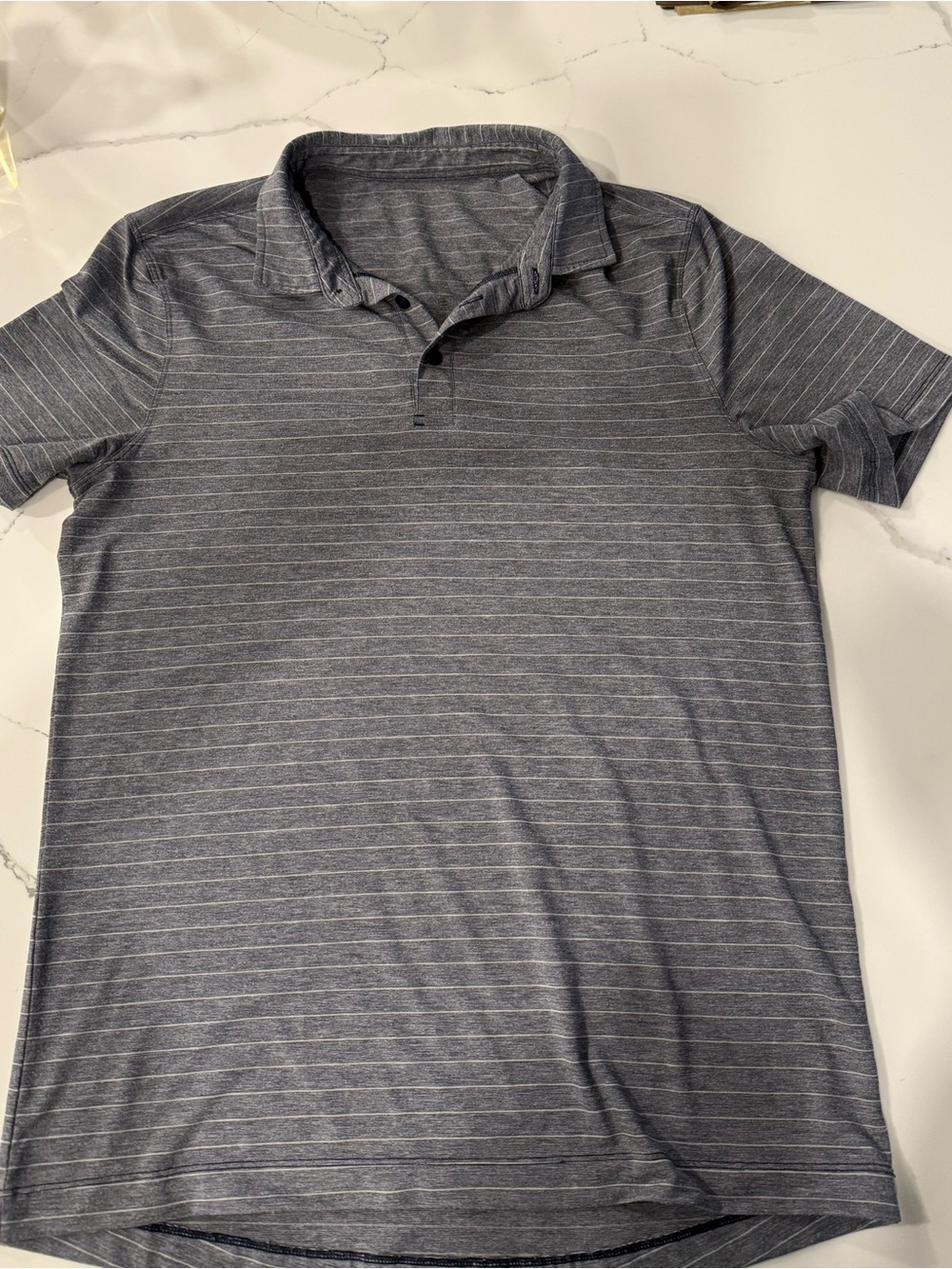 lululemon athletica Men's evolution navy/gray striped polo, medium